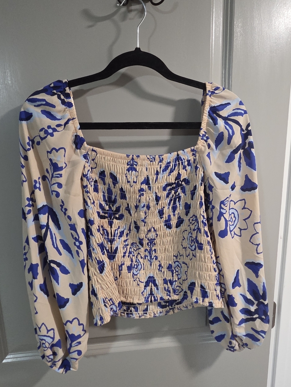 Sienna Sky Cream Blouse with Blue Floral Smocked Bodice